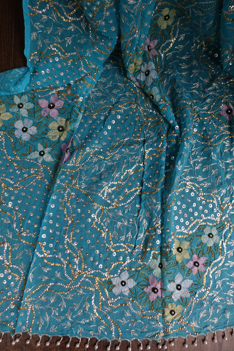 Blue Silk Vintage Unstitched Suit With Sequinned Dupatta - New