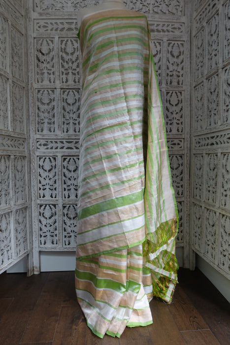 Green, White Gold Linen Blend Sari - New