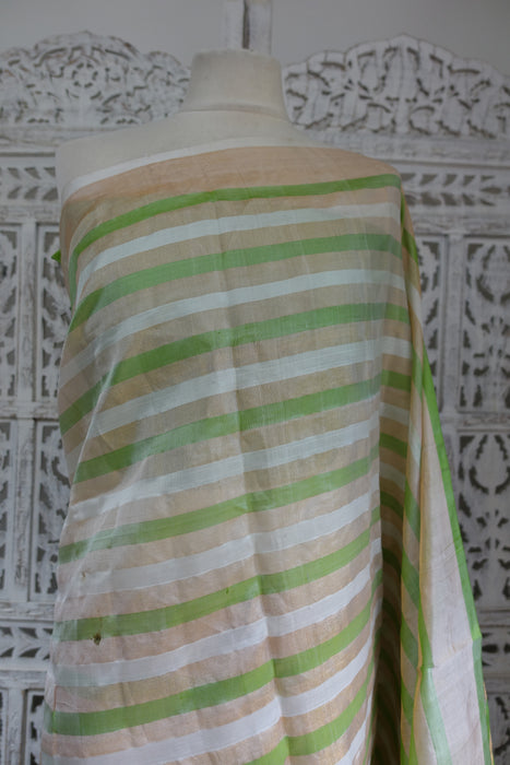 Green, White Gold Linen Blend Sari - New