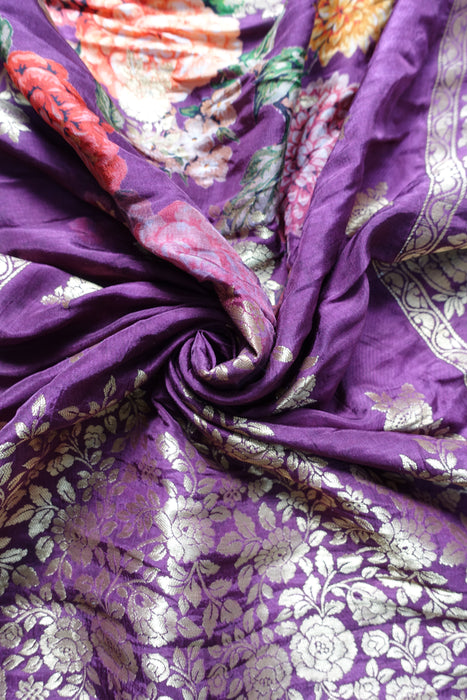 Plum Floral Beaded Large Banarsi Shawl - Preloved