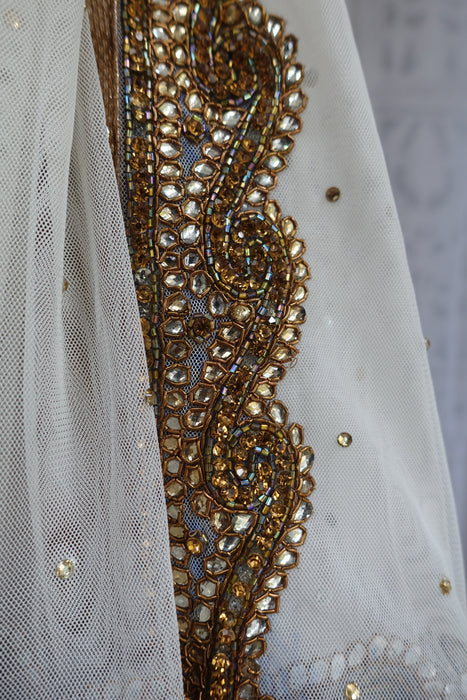 Cream Net With Gold Braid Dupatta - New